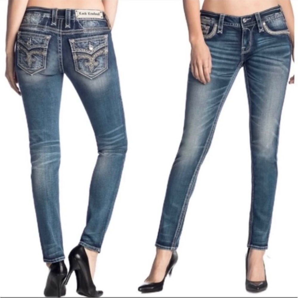 Rock Revival Sukie Skinny Mid Wash Whiskered Embroidered Pocket Jeans. Size 27